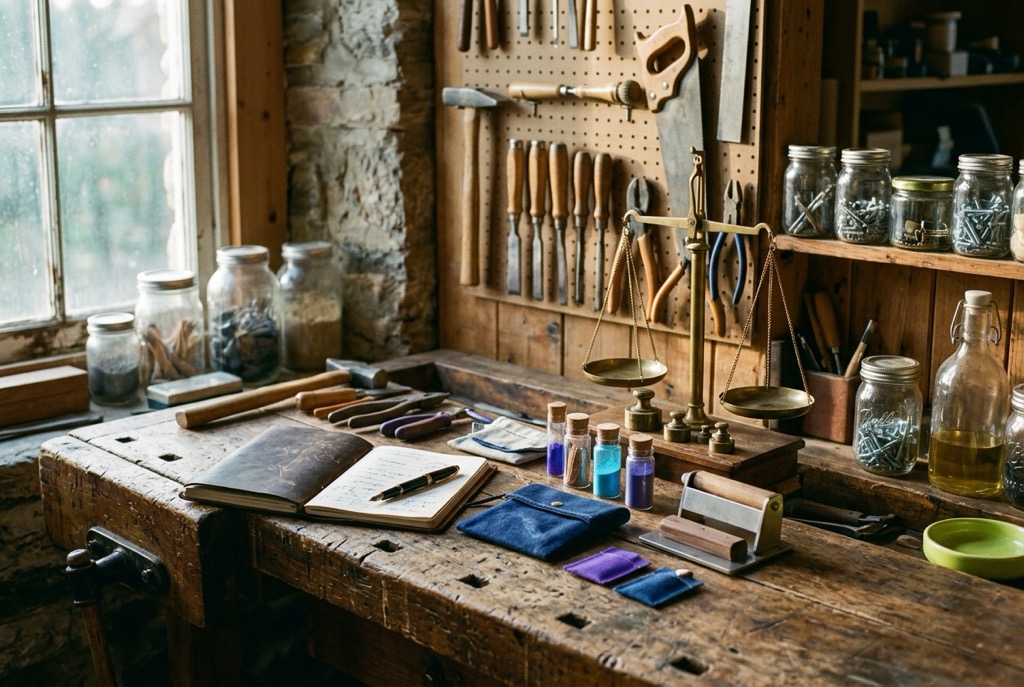 A vintage back-room product workbench