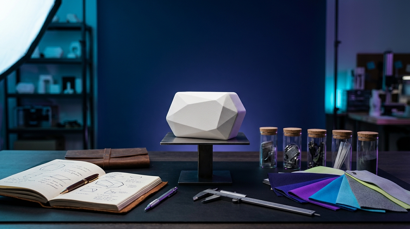 An emerging founder's product prototype on a bright product-development bench